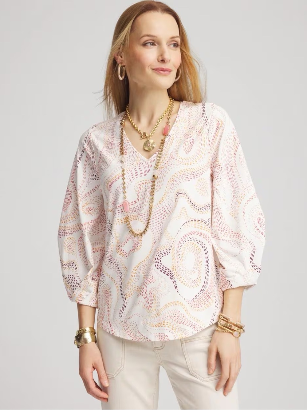 CHICO’S NEW 2 Swirls Tuck Sleeve Tee • Modern Neutral Blouse Top Fall Autumn L